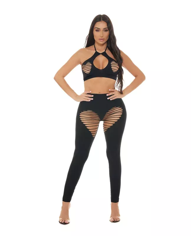 Pink Lipstick Heart Rate Halter Bra & Leggings 2 pc Set – Black O/S