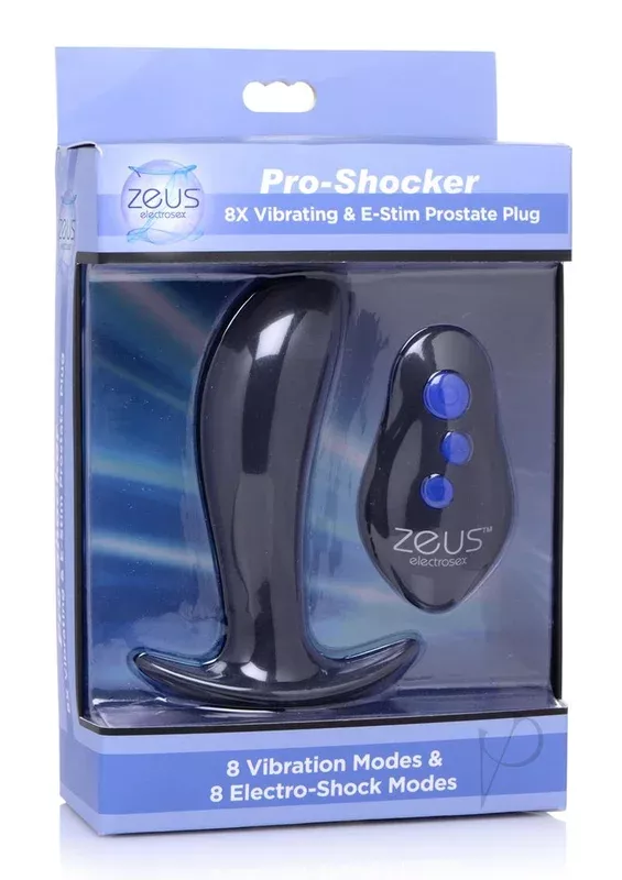 Zeus Pro-Shocker 8X Vibrating and E-Stim Silicone Rechargeable Prostate Plug with Remote Control – Black