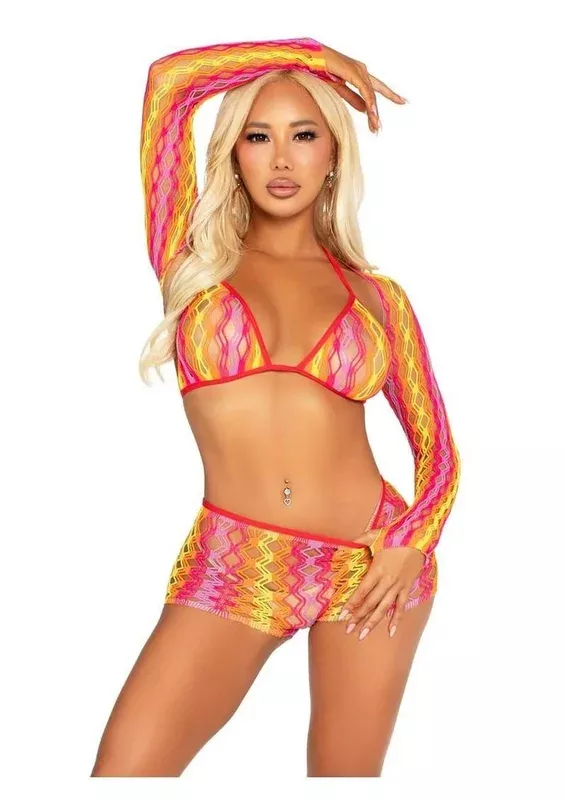 Zig Zag Net Bikini Top, Boyshorts, and Shrug – Multicolor